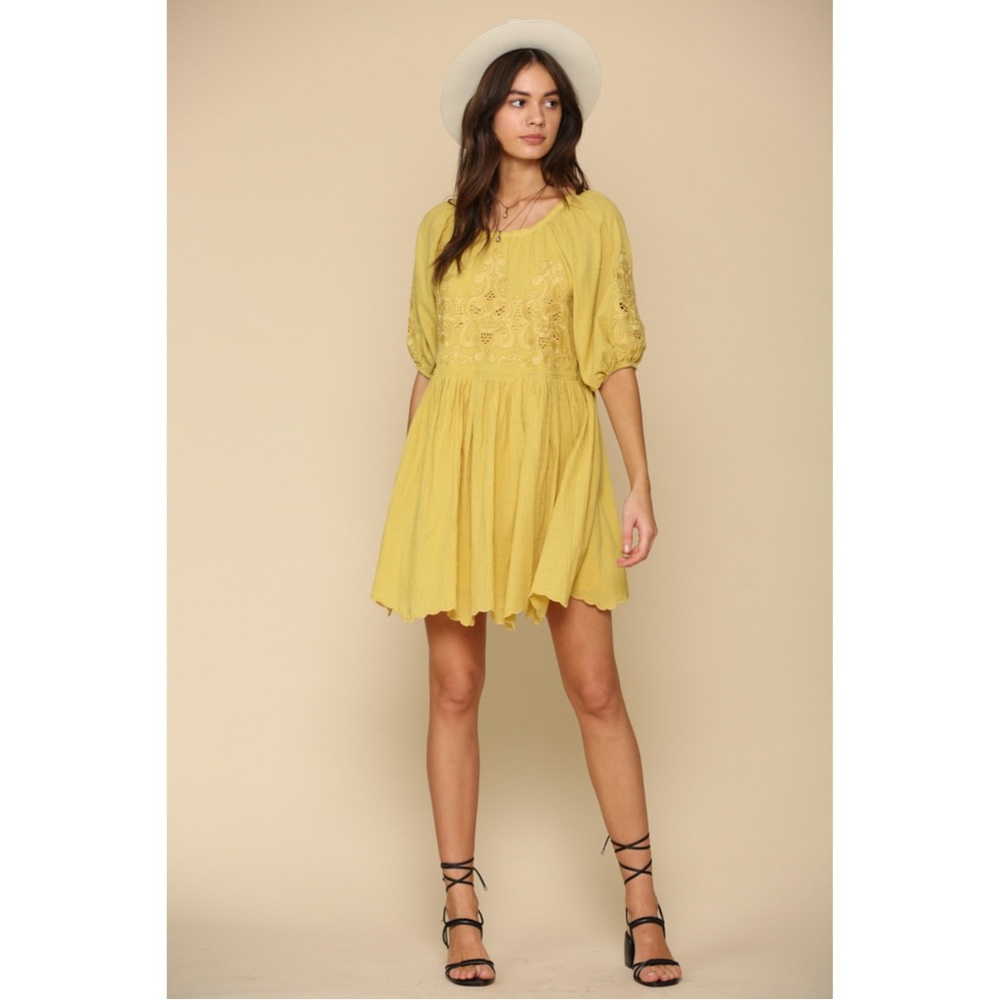 Boho Embroidered Yellow Peasant Dress - Picture 3 of 7